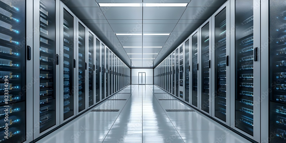 Poster d banner featuring telecommunication equipment in a data center for cloud hosting. concept data cent