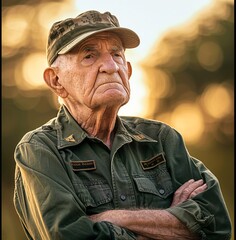 Obraz premium An aged military veteran with a somber look, standing with crossed arms, reflecting on his service years, with a soft focus background