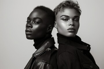 Fashionforward LGBTQ individuals in monochrome outfits, minimalist setting, sleek and stylish, high fashion advertisement