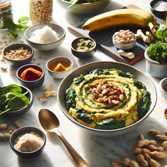 Mashed Plantains with Spinach and Peanuts on Marble Counter