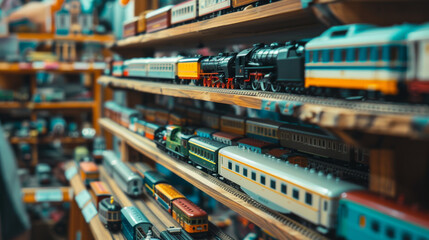 An assortment of colorfully detailed model trains displayed on shelves.