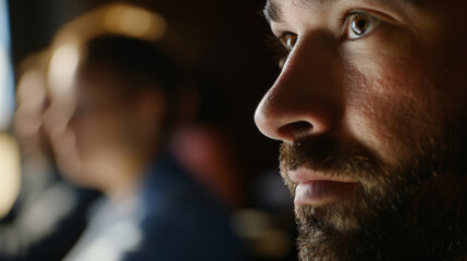 Close-up of a man's contemplative face with soft focus on background figures.