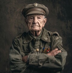 Obraz premium An elderly American soldier with a weathered face and gray hair, standing proudly with crossed arms, wearing a decorated uniform, against a plain background