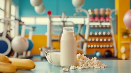 A bottle of milk, bowl of cottage cheese, and bananas on a gym counter, suggesting a balanced diet complementing a fitness regimen.
