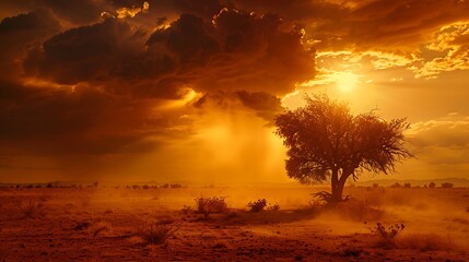 Fiery sunset over an arid desert landscape with a lone tree and storm clouds.