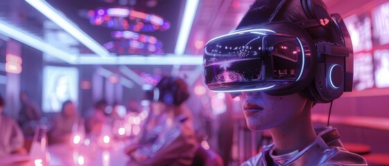 A virtual reality dining experience, diners wearing VR headsets