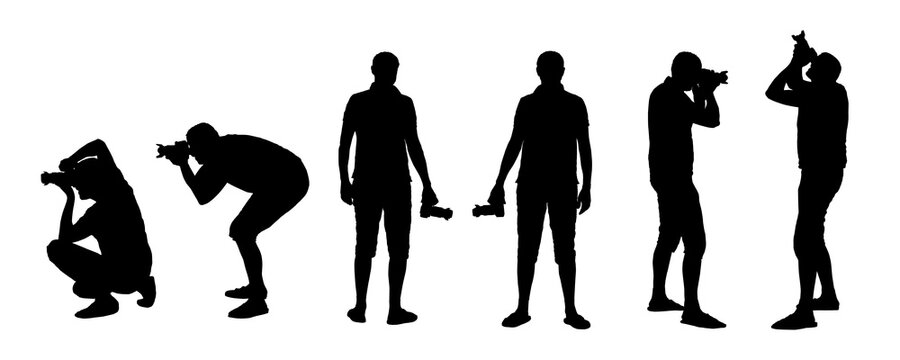 Set of male photographer silhouettes holding camera and taking pictures on transparent background.
