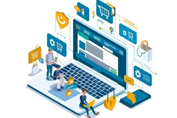Detailed vector illustration of secure online shopping with a laptop, shopping icons, and digital interface, emphasizing safety and connectivity in e commerce