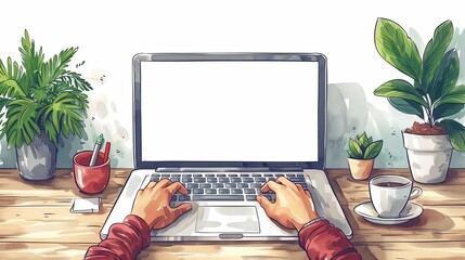 Human hands typing on laptop keyboard, hand writing in notebook. Laptops with hands, coffee cup. Computing, working online, freelancing, education concept. Hand drawn isolated Vector illustrations - Powered by Adobe