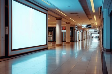 Empty Shopping Mall Corridor with Bright Screen - Modern and clean shopping mall corridor with a large bright screen, perfect for retail and commercial design projects.