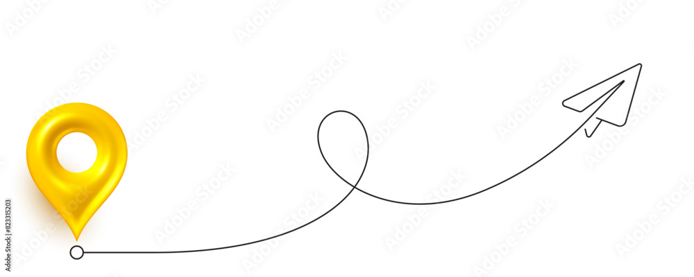 Poster paper plane travel route. continuous line journey path, plane location, travel map pin. business sta