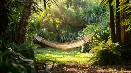 A serene photo of a hammock hanging between two trees in a lush tropical forest, inviting relaxation and escape. 