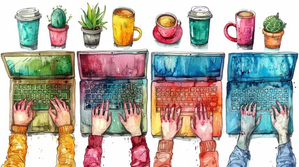 Human hands typing on laptop keyboard, hand writing in notebook. Laptops with hands, coffee cup. Computing, working online, freelancing, education concept. Hand drawn isolated Vector illustrations