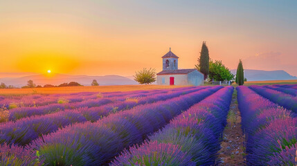 a little cozy curch in a lavander field in france at sunset 