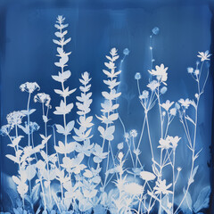 Photosensitive sun printing photo or cyanotype of lavender. Watercolour illustration. Herbarium...