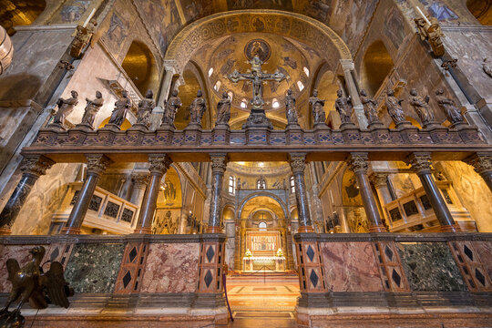 Venezia, Italy - May 18, 2024: interior architectural shot of St. Mark's Basilica in Venice (Basilica di San Marco).