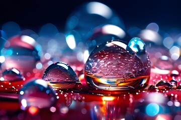 glass background in a circle Beautiful water droplets on transparent marbles with a vivid blue background Blue background Bokeh
