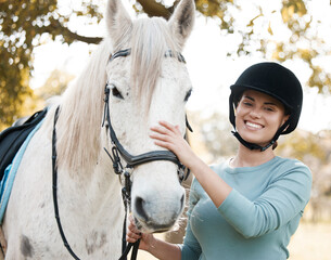 Portrait, horse or happy woman in countryside with jockey or rider for outdoor hobby, sports or wellness. Love, smile or girl athlete with healthy animal for training, exercise or support on farm
