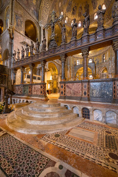 Venezia, Italy - May 18, 2024: interior architectural shot of St. Mark's Basilica in Venice (Basilica di San Marco).