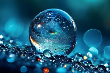 glass background in a circle Beautiful water droplets on transparent marbles with a vivid blue background Blue background Bokeh
