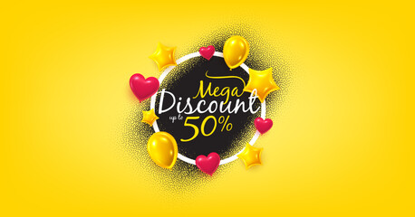 Mega discount offer frame with balloons. Sale discount offer label. Black grain noise spray banner with border. Paint ink grain dotted spray. Frame badge with heart balloons. Vector