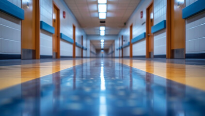 Blurred background of a school hallway with lockers and classroom doors
