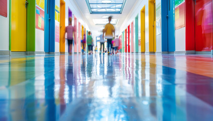 Colorful school hallway with blurred children walking, vibrant doors and educational decorations