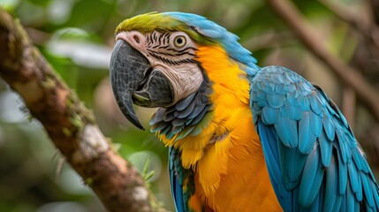 Fototapeta premium Vibrant Blue and Yellow Macaw in Natural Habitat - AI Generative