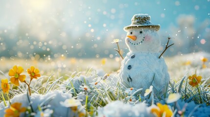 Obraz premium Unhappy snowman in mittens, red scarf and cap is melting outdoors on snowy grass with yellow tiny flowers on background of evergreen shrubs. Approaching spring, warm winter, climate change concept.