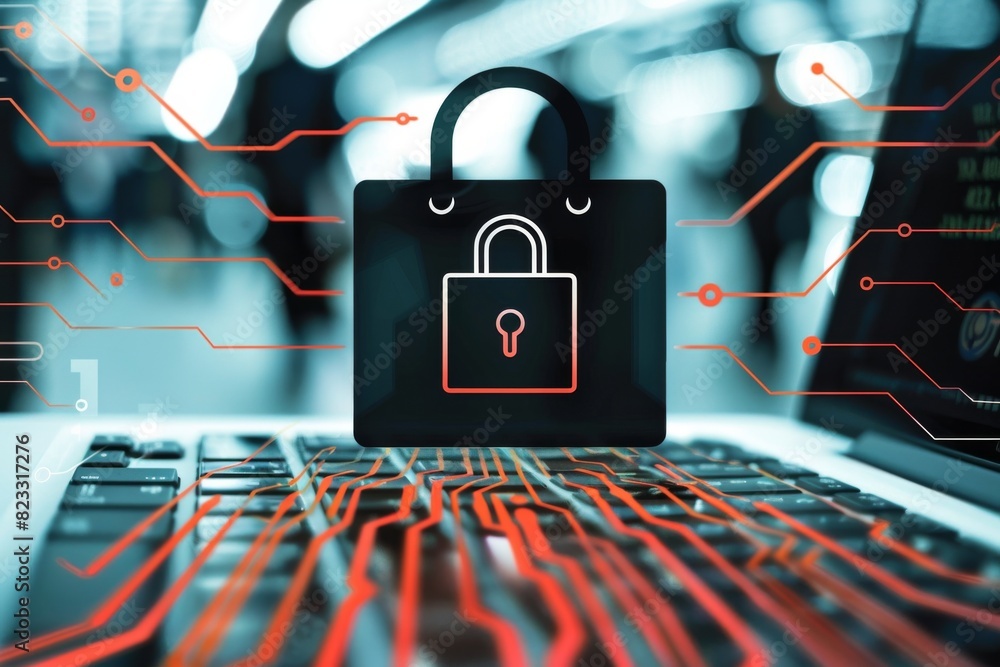 Poster cybersecurity in ecommerce with red lock, shopping cart on a digital circuit background, emphasizing