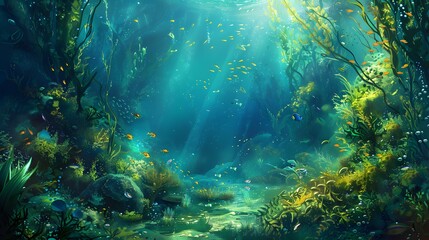 about abstract nature underwater garden growth with seashells and fish
