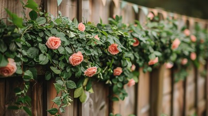 Fototapeta premium outdoor party decor, decorative greenery and flags on the garden fence elevate the festive atmosphere at the garden party with a charming touch