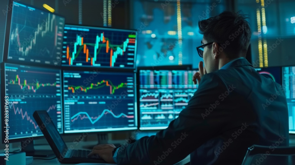 Poster trader analyzing financial performance data on screen