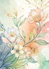 Minimalist line art greeting card with delicate floral elements. Color palette, delicate blue, and pink shades.	