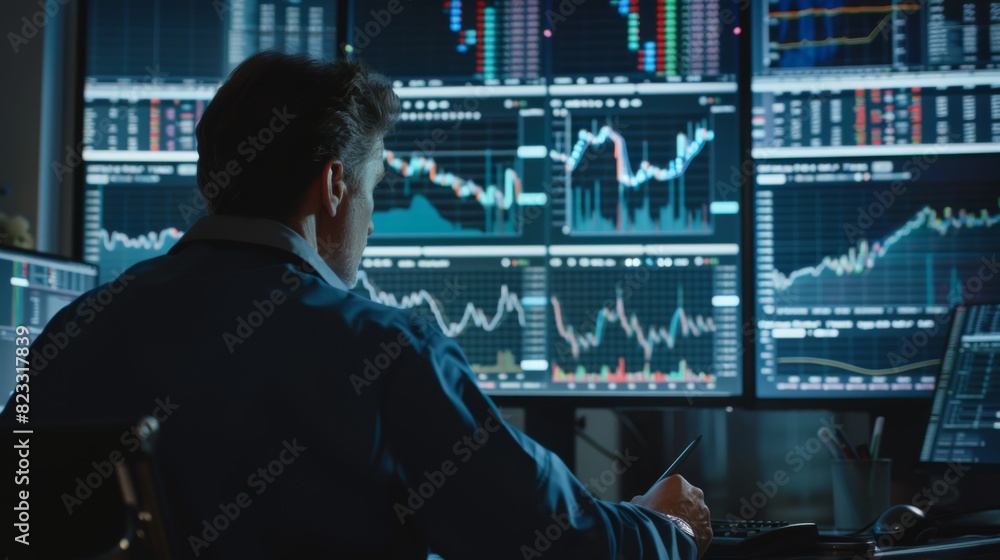 Poster trader analyzing financial performance data on screen