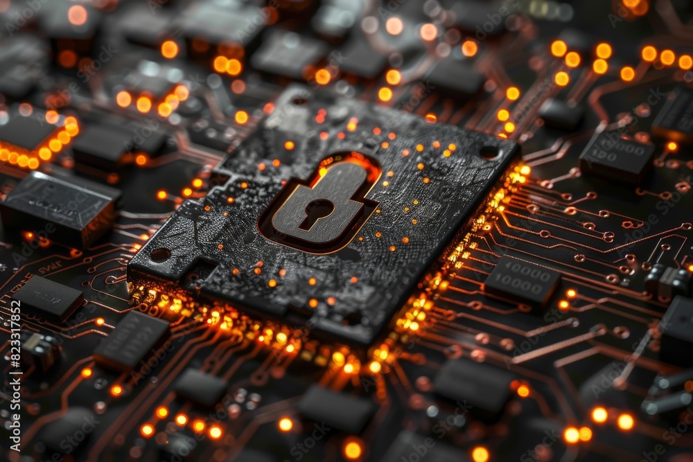 Aufkleber cybersecurity chip with padlock and digital circuit in orange and black, emphasizing technology prot