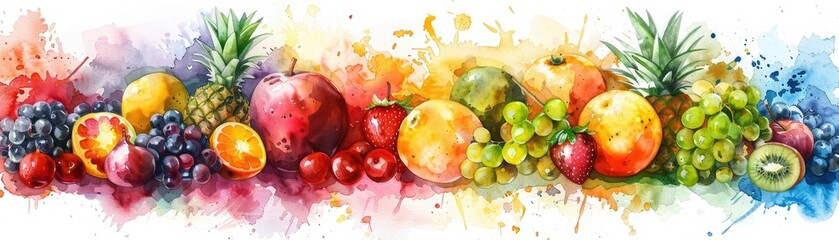 A variety of fresh fruits, including apples, oranges, grapes, and pears, are arranged in a colorful and visually appealing way.