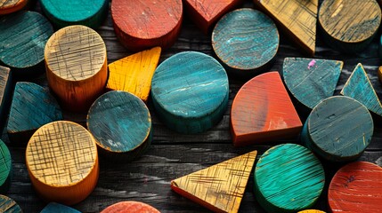 Colorful Wooden Shapes on Textured Surface - ai generative