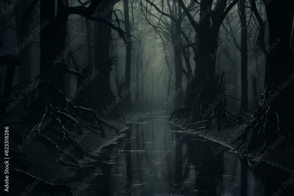 Poster enigmatic scene of a fog-shrouded path winding through gnarled trees