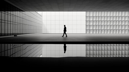 Silhouette of Person Walking in Modern Minimalist Hallway - ai generative