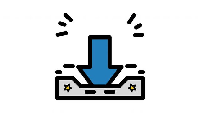 Download data icon animation close up blue arrow pointing down on white background, suitable for market trends presentation or financial reports design.
