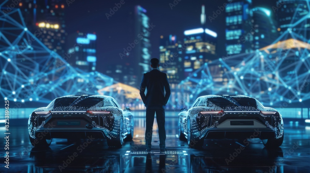 Poster unrecognizable male enterprise executive connecting two robotic cars via an smart network.
