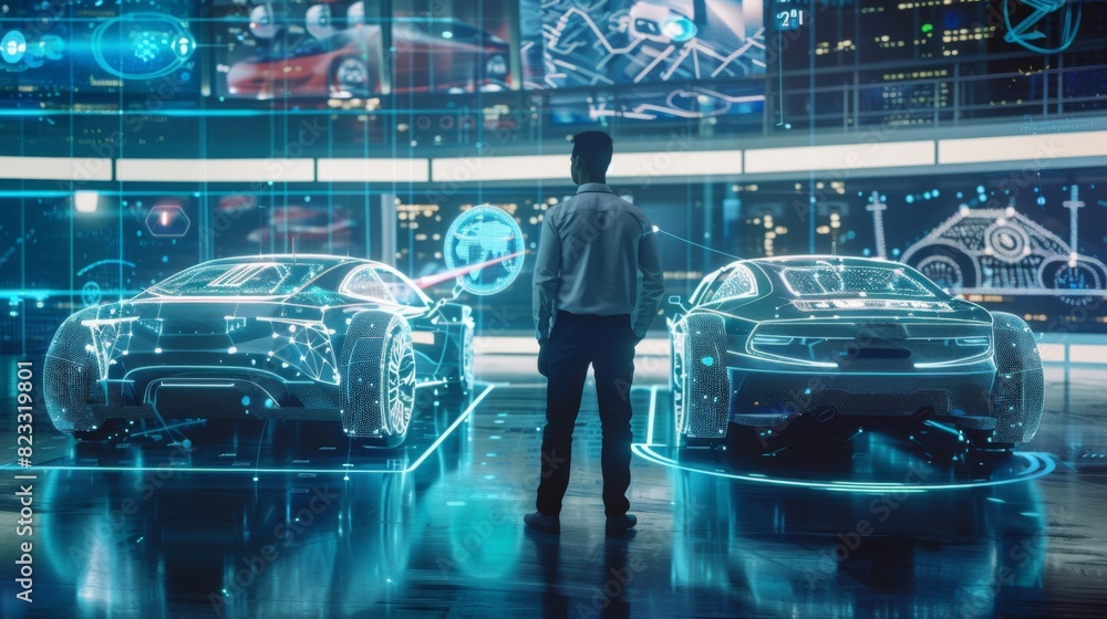 Poster unrecognizable male enterprise executive connecting two robotic cars via an smart network.