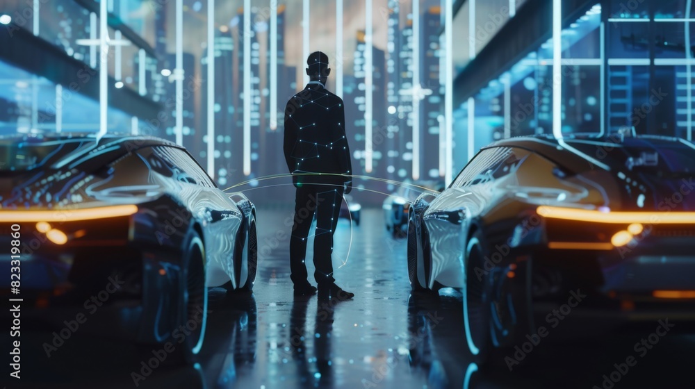 Poster unrecognizable male enterprise executive connecting two robotic cars via an smart network.