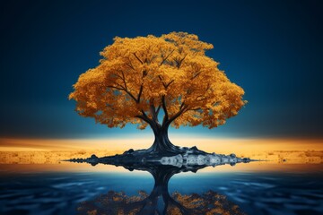 Lone, vibrant yellow tree stands reflected in still water against a twilight blue sky