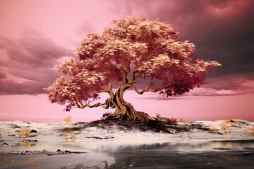 Ethereal scenery depicting a vibrant pink tree standing alone in a monochromatic landscape
