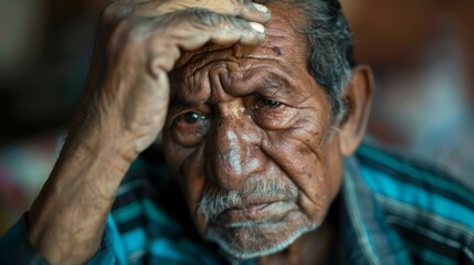 Elderly Latin man in distress, clutching his head in discomfort