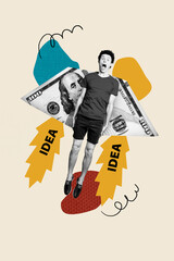 Vertical picture collage shouting young man crazy panic launch rocket wings up banknote cash hundred dollars successful investor