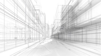 Abstract modern urban line drawing background with 3D illustration of architecture building construction perspective design