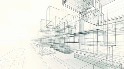 Abstract modern urban line drawing background with 3D illustration of architecture building construction perspective design